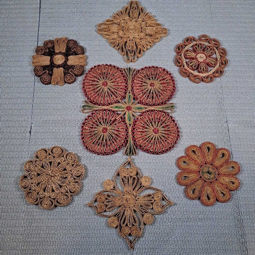 Vtg Lot Of 7 Rattan Straw Trivets Boho Hippie Wall Decor Kitchen Hot Pads